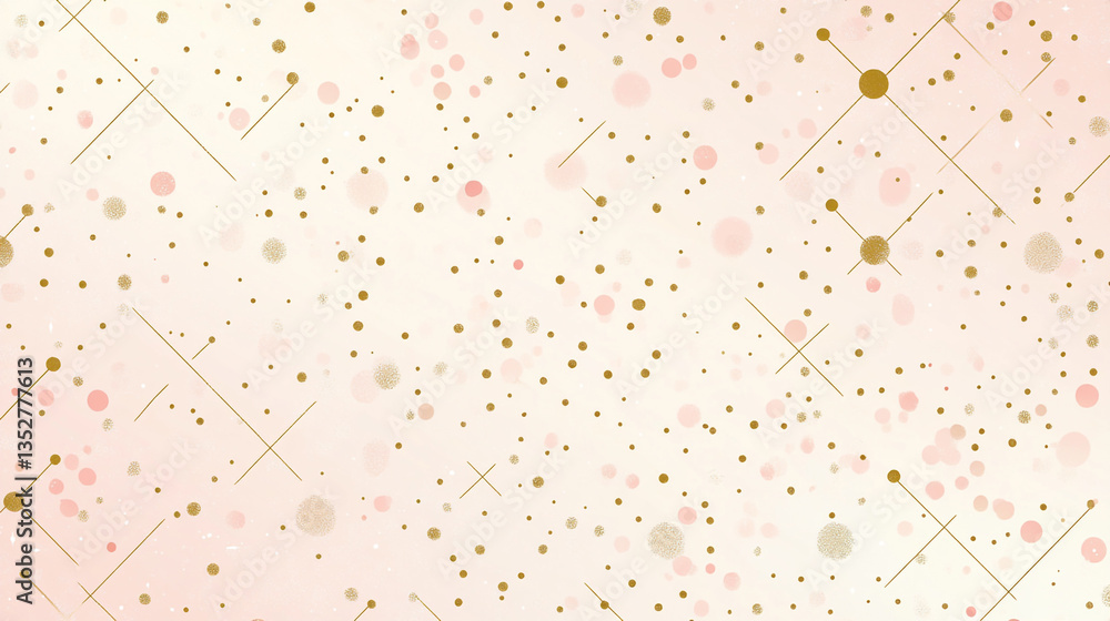 Poster abstract background with gold and pink dots and lines creating a scattered and geometric pattern