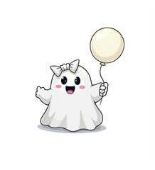 Halloween kawaii ghost character hold bunch of colorful balloons Isolated cartoon vector cute spook personage celebrating party radiating charm and innocence with its playful and endearing presence