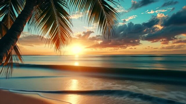 Tropical beach at sunset. Palm trees and turquoise sea waves. Paradise island. Trip, travel and vacation theme 