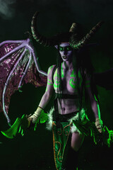 Demon Hunter Demon Cosplay on Black Background in Green Light