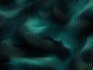 Wavy teal lines and small white dots create an abstract design