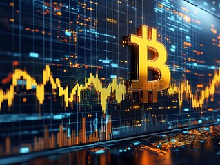 A golden cryptocurrency symbol displayed on a data screen