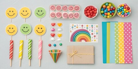 Flat Lay of Birthday Essentials with Smiley Face Stickers, Lollipops, and a Colorful Flyer.
