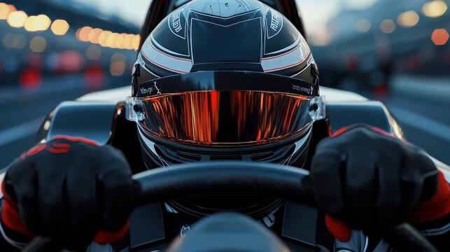 A skilled car racing driver grips the steering wheel tightly, focused on the track ahead. The twilight sky casts a beautiful glow, enhancing the visor's reflections