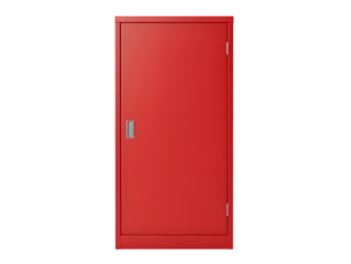 A vibrant, red metal cabinet stands tall against a black backdrop. Its simple design and bright color command attention. Perfect for storage.