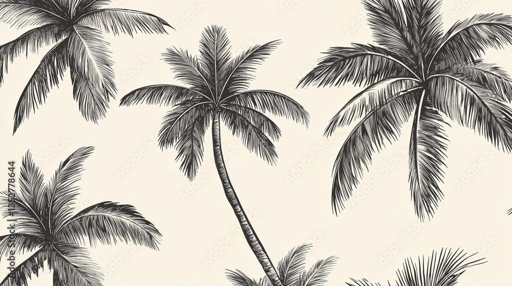 Poster black and white palm tree illustration with a light background in a repeating pattern design style