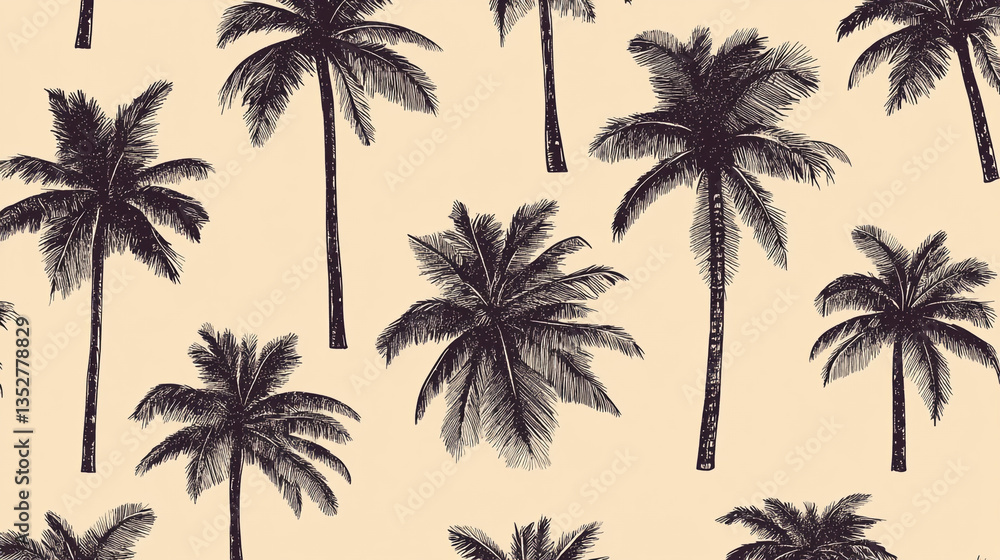 Poster a seamless pattern of sketched palm trees on a light background creating a tropical vibe design