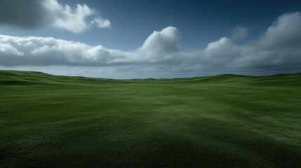Fototapeta premium Expansive green field under a partly cloudy sky. A vast, grassy plain stretches to the horizon, dotted with gentle hills. 