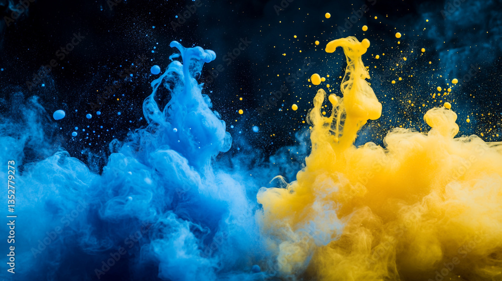 Aufkleber abstract splash of blue and yellow ink in water creating a dynamic and colorful composition art