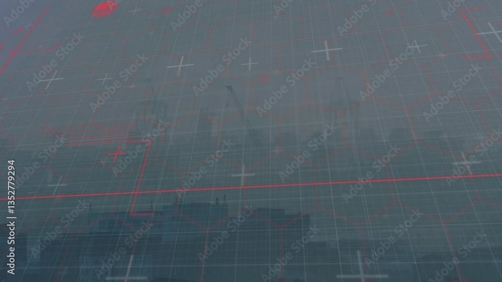 Poster animation of grid pattern with red lines over construction site background
