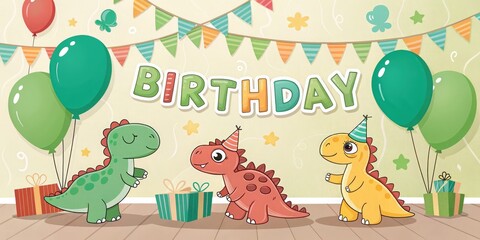 Naklejka premium Happy Birthday Scene with Cartoon Dinosaur Stickers, Green Balloons, and a Fun Party Invitation.