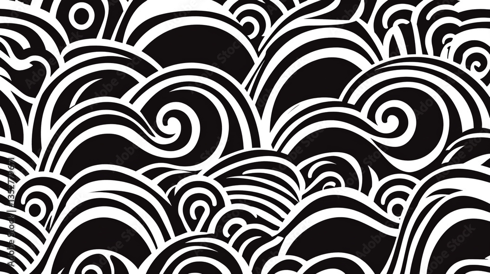 Poster monochrome pattern featuring swirling shapes in black and white with circular design elements throug