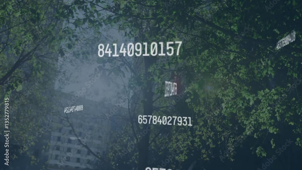 Poster Floating numbers animation over trees and building in urban environment