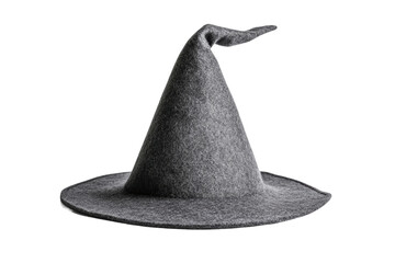 Gray felt witch hat with pointed tip on black background, cut out