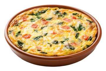 Delicious homemade vegetable frittata with spinach and cheese in a ceramic dish, cut out