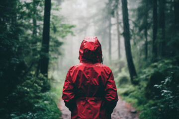 Hiker wearing red raincoat walking in misty forest during rainfall
