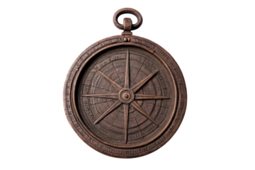 Antique bronze astrolabe with intricate design and engraved inscriptions, cut out