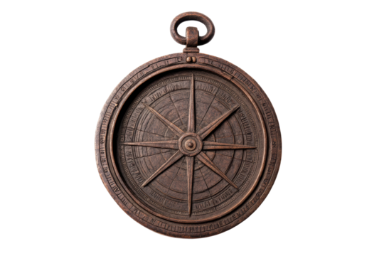 Antique bronze astrolabe with intricate design and engraved inscriptions, cut out