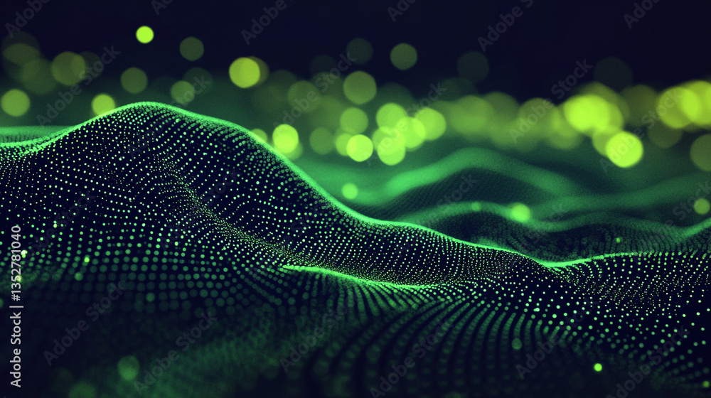 Aufkleber abstract green landscape with glowing dots and bokeh effect in a dark and futuristic environment