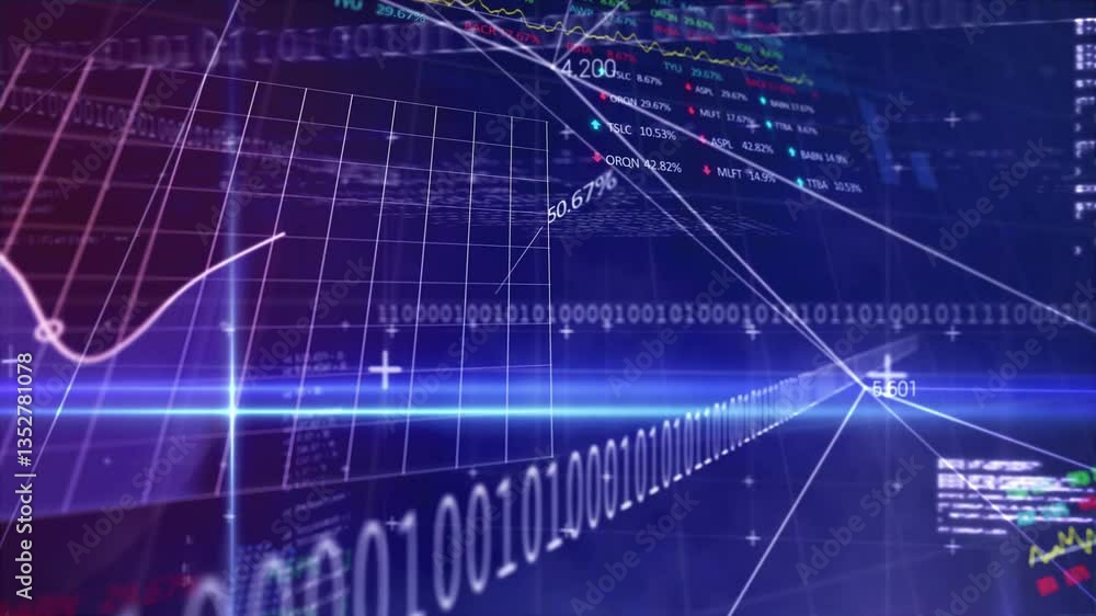 Poster Binary code and financial graphs overlaying digital data processing animation