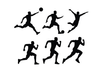 Silhouette vector set of male athletes running, jumping, and playing football in motion poses