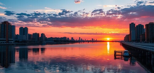 Fototapeta premium Sunset cityscape reflected in water, warm orange and red hues, stunning, artwork