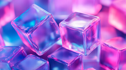 Close up of clear ice cubes with blue and pink lighting creating a vibrant and colorful scene