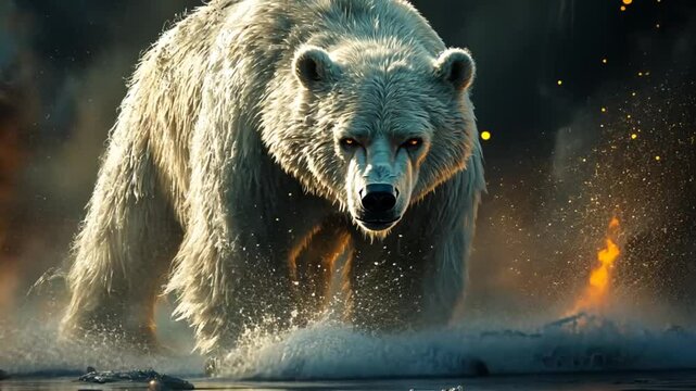 Powerful polar bear emerging from fiery water