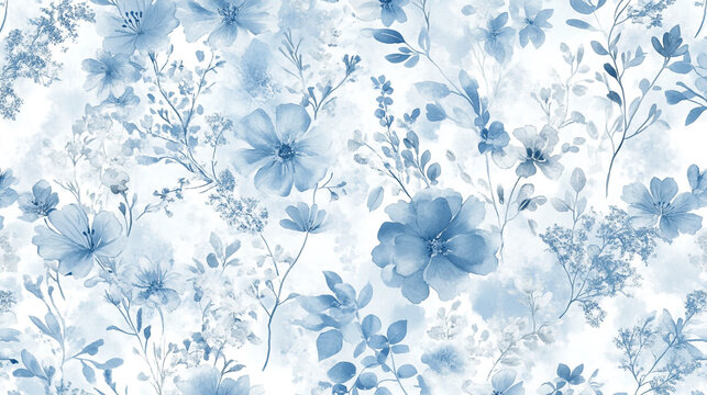 A seamless pattern of light blue flowers and leaves on a white background in a watercolor style
