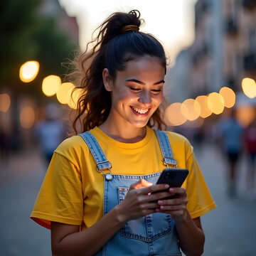 donna, telefono, persone, mobile, sorridente, bellezza, persona, sorriso, telefono, all'aperto, parco, telefono mobile, smartphone, business, comunicazione, faccia, un, estate, testo, che regge, tecno