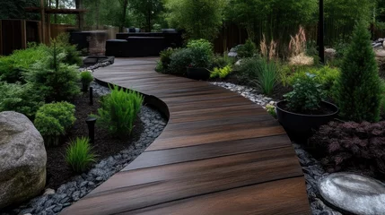 Poster de jardin 3D Serene curving pathway through a meticulously landscaped zen garden  © danadesa