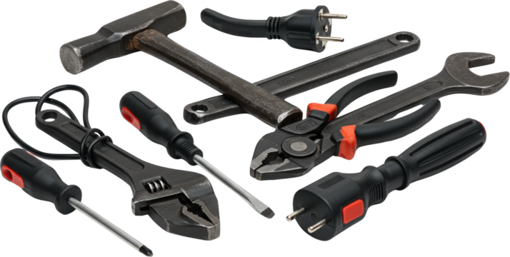 A Collection of Essential Hand Tools Hammers Wrenches Pliers Screwdrivers and Electrical Plugs