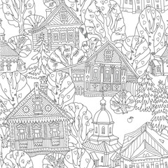 Seamless pattern of fairy tale wooden houses, church and trees. Contour doodle sketch for coloring book page