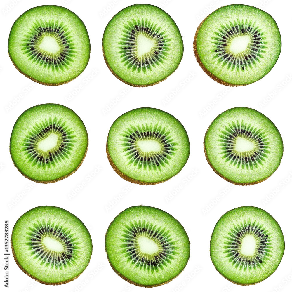 Poster slices of fresh kiwi fruit arranged in a grid on a clean transparent background for healthy snacking