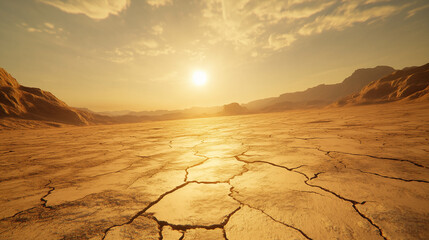 A cracked desert floor under a blazing sun, sunset in the desert, sunset over the desert, cracked earth in the desert, earth in the desert