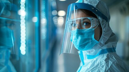 A healthcare professional in protective gear, focused and ready to address public health challenges.