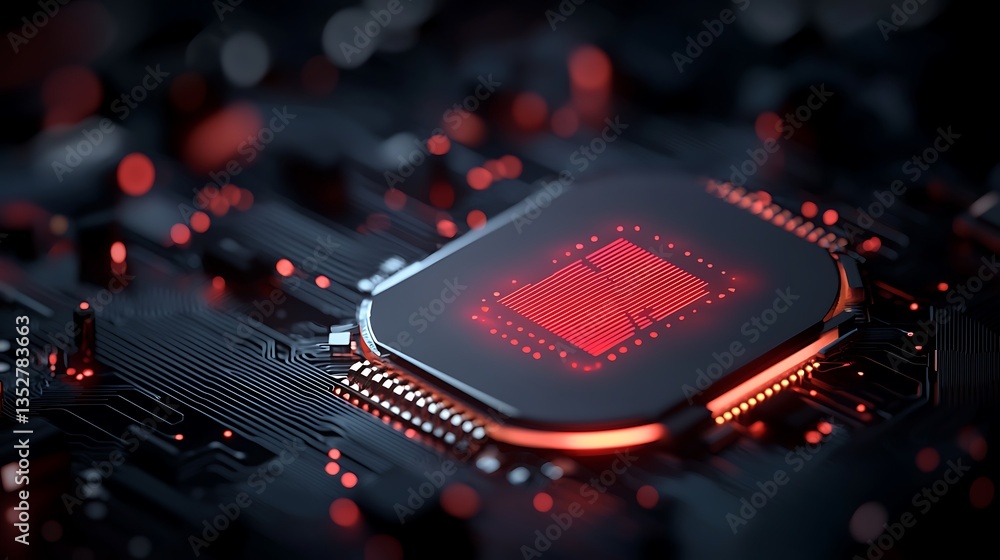 Poster abstract red digital technology background with glowing circuit board and processor