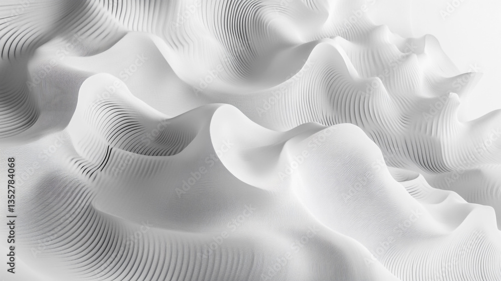 Poster abstract white waves with black lines creating a textured surface in a monochrome composition