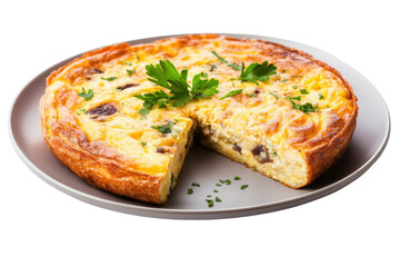 Delicious cheesy quiche with fresh parsley on grey plate, cut out
