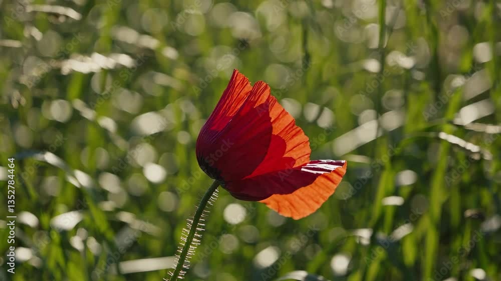 Poster red poppy flower in green field with sunlight bokeh. nature tranquility concept
