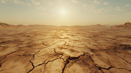 A cracked desert floor under a blazing sun, sunset in the desert, sunset over the desert, cracked earth in the desert, earth in the desert