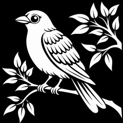 Obraz premium Bird perched on a branch with leaves in black and white style 