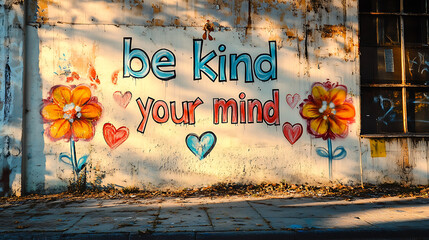 Graffiti art featuring the phrase "be kind to your mind," complemented by delicate flowers and hearts, showcasing a vibrant and positive vibe