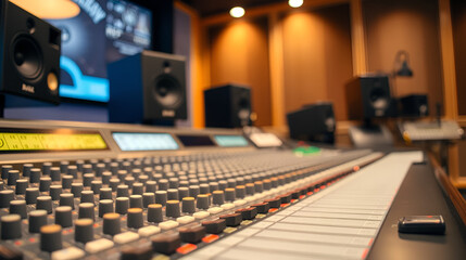 Fototapeta premium A close-up shot of a professional audio mixing console in a recording studio. The console is lit by warm light, with speakers and sound panels visible in the background.