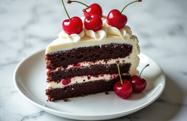 Slice of chocolate cherry cake on white plate. Layered cake with whipped cream, red cherries topping. Dessert food photo for bakery, cafe menu, pastry shop. Sweet treat.