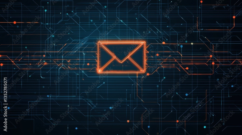 Poster digital mail icon on a vibrant technology background with connection lines and nodes glowing