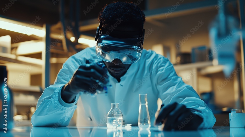 Poster a laboratory scientist performs an experiment with clear liquids carefully