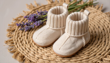 Eco-friendly kids clothing knitted baby booties with soft texture on a rattan mat and lavender