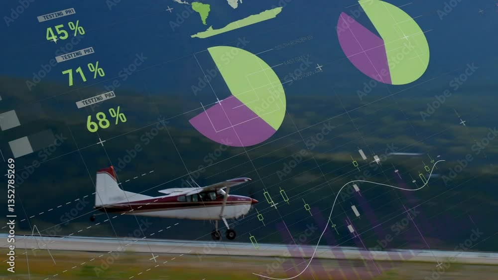 Poster airplane taking off with animation of graphs and charts overlaying landscape