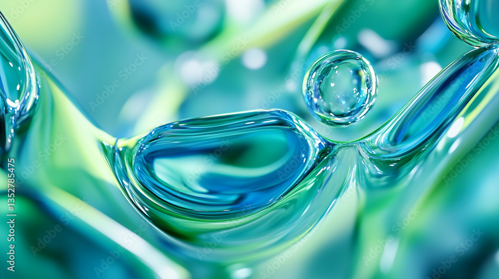 Poster a close up of water droplets with a green and blue color scheme and blurred background elements visi